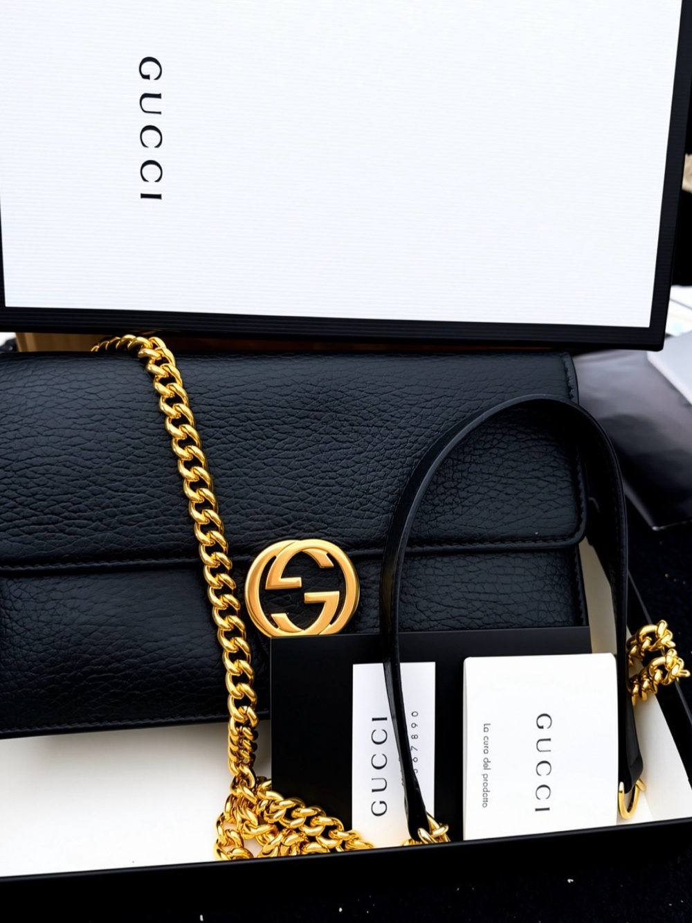 Gucci Black Leather wallet on chain